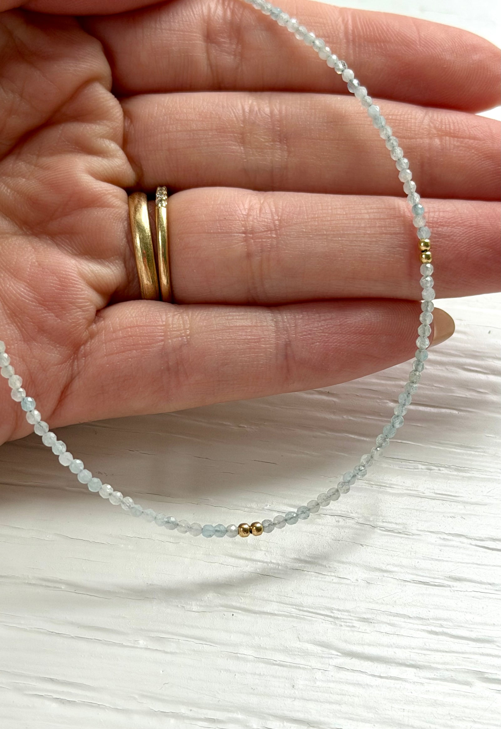 Wire Beaded Necklace with Gold Beads-Aquamarine