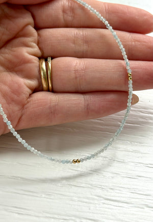 Wire Beaded Necklace with Gold Beads-Aquamarine