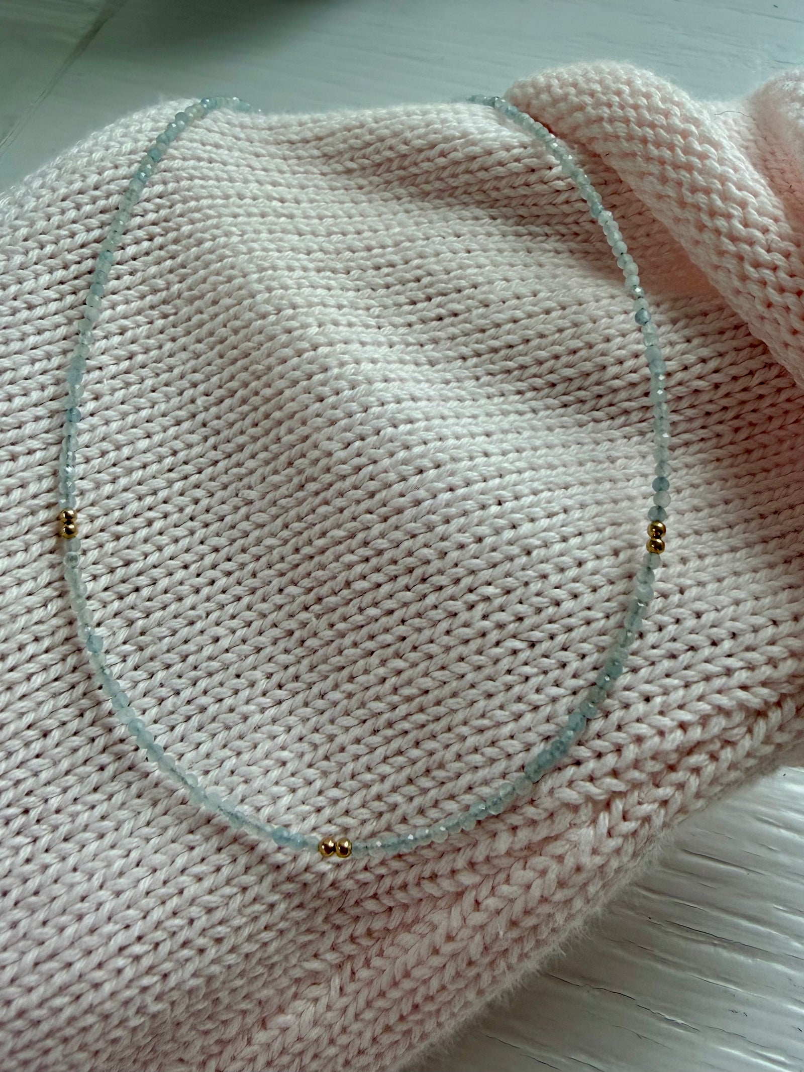Wire Beaded Necklace with Gold Beads-Aquamarine