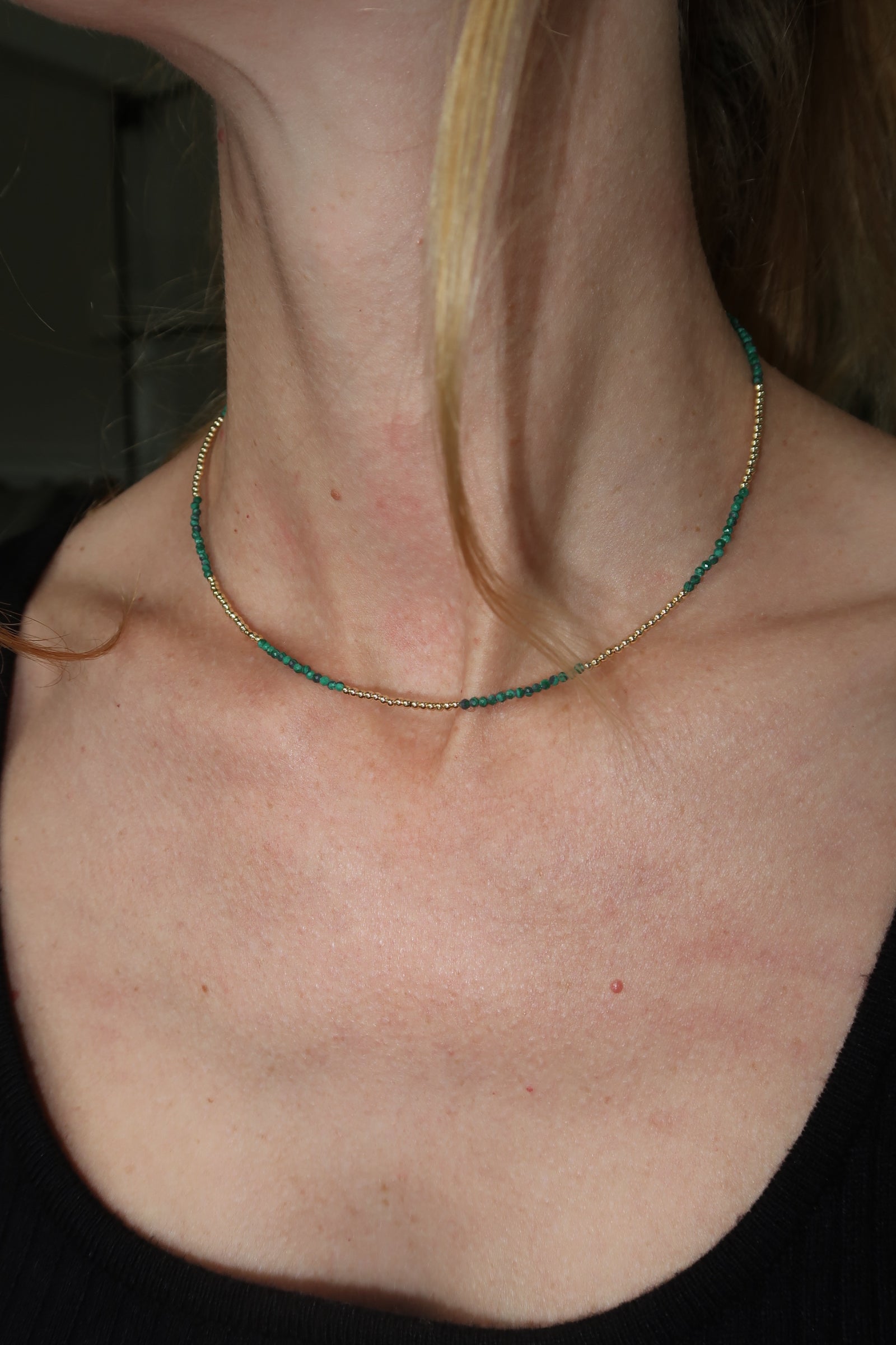 Gemstone Beaded Necklace with Gold Beads-African Jade