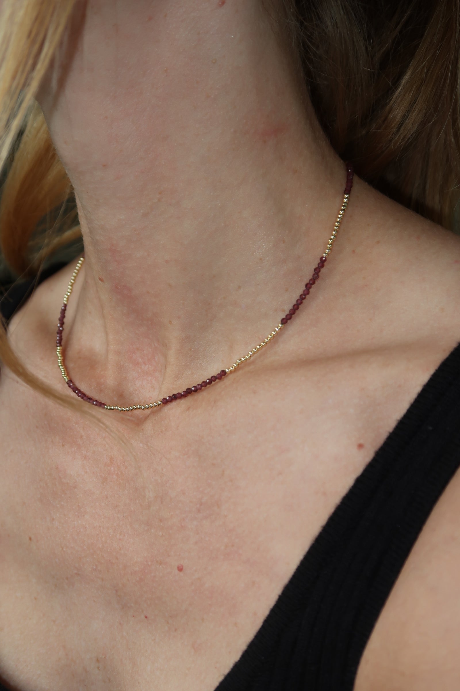 Gemstone Beaded Necklace with Gold Beads-Garnet