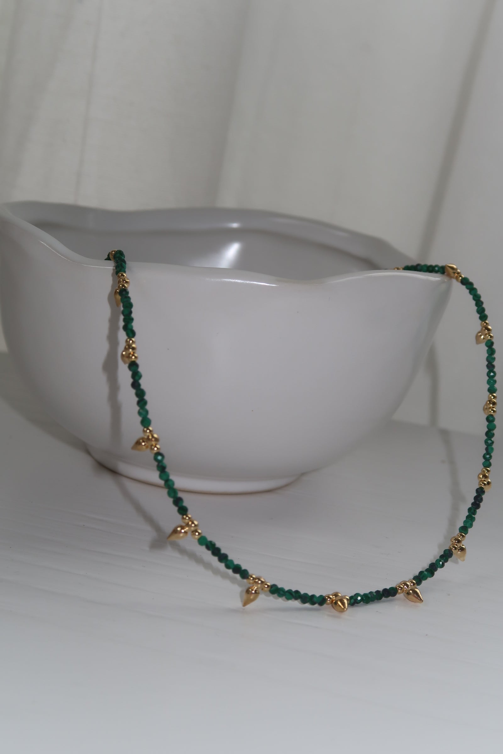 Gemstone Necklace with Gold Beads-Green Garnet
