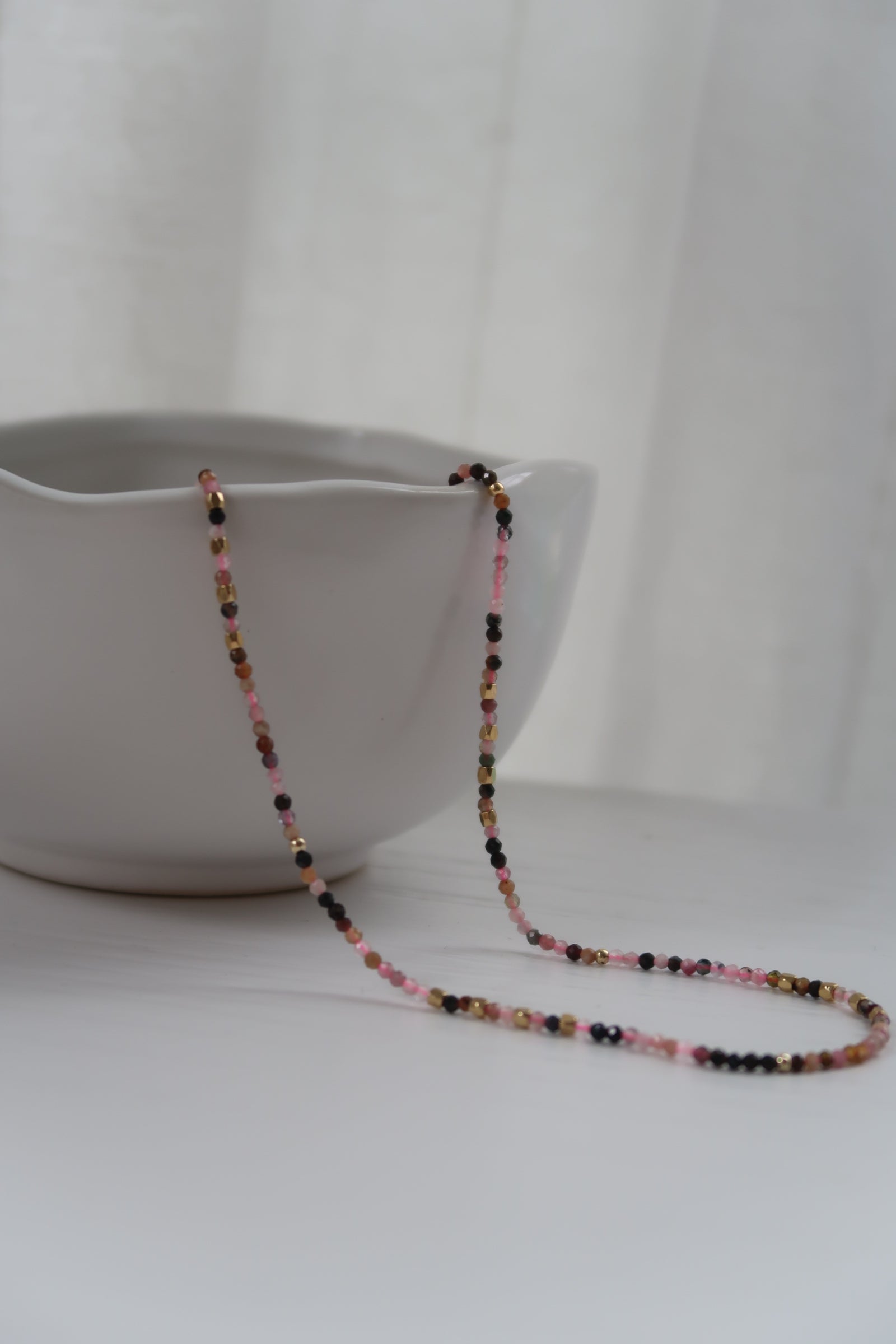 Gemstone Necklace with Gold Beads-Tourmaline