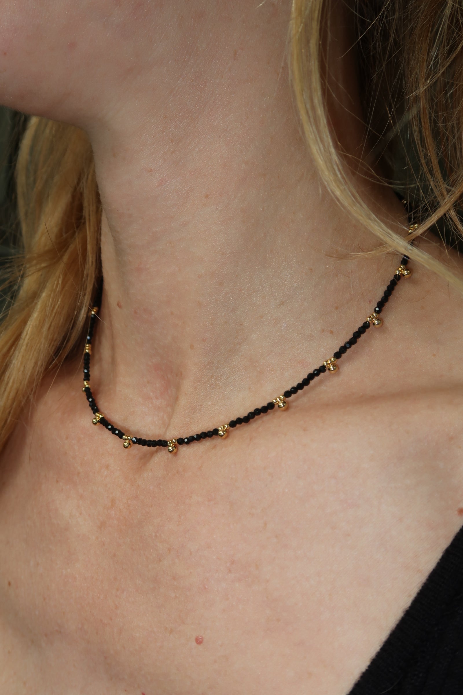 Multi-Dangle Gold Beads Beaded Necklace-Black Spinel