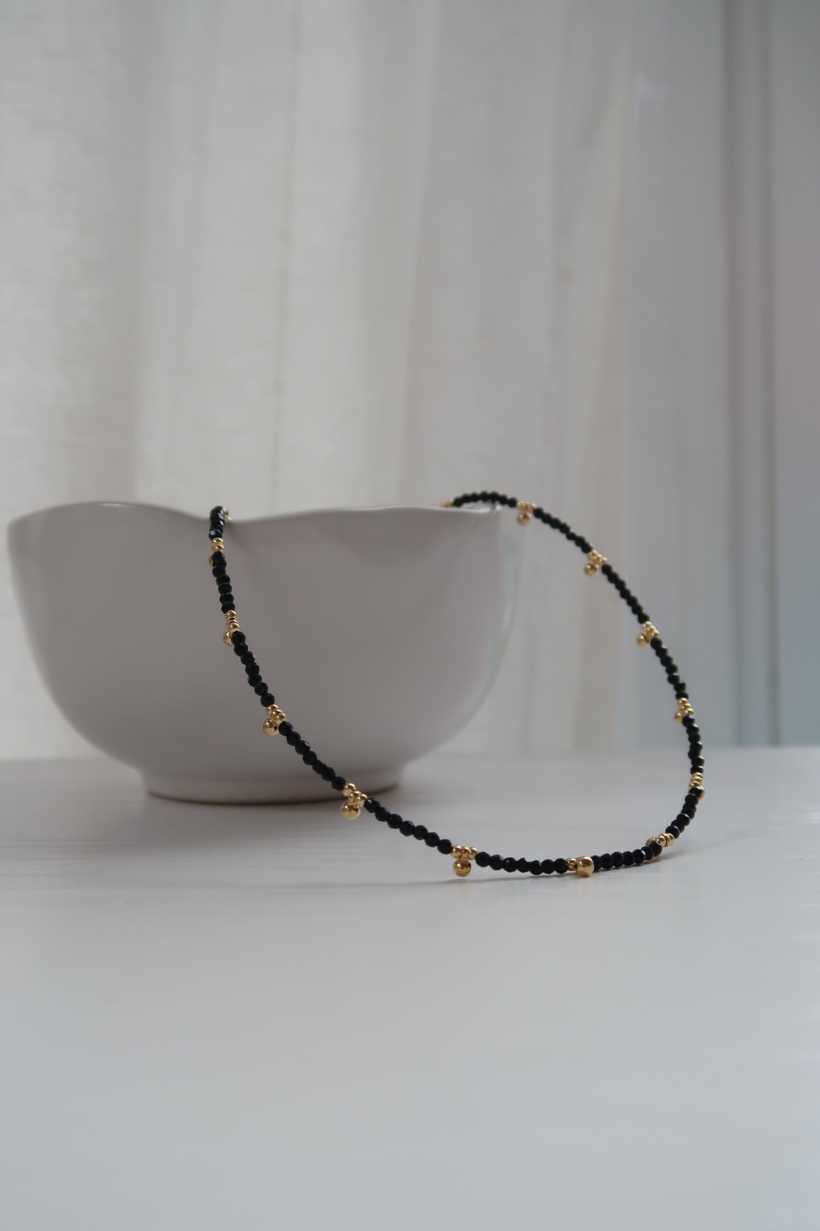 Multi-Dangle Gold Beads Beaded Necklace-Black Spinel