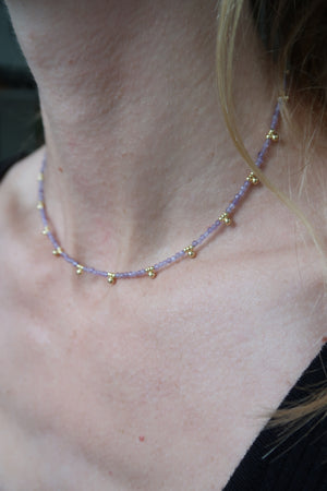 Multi-Dangle Gold Beaded Necklace-Amethyst