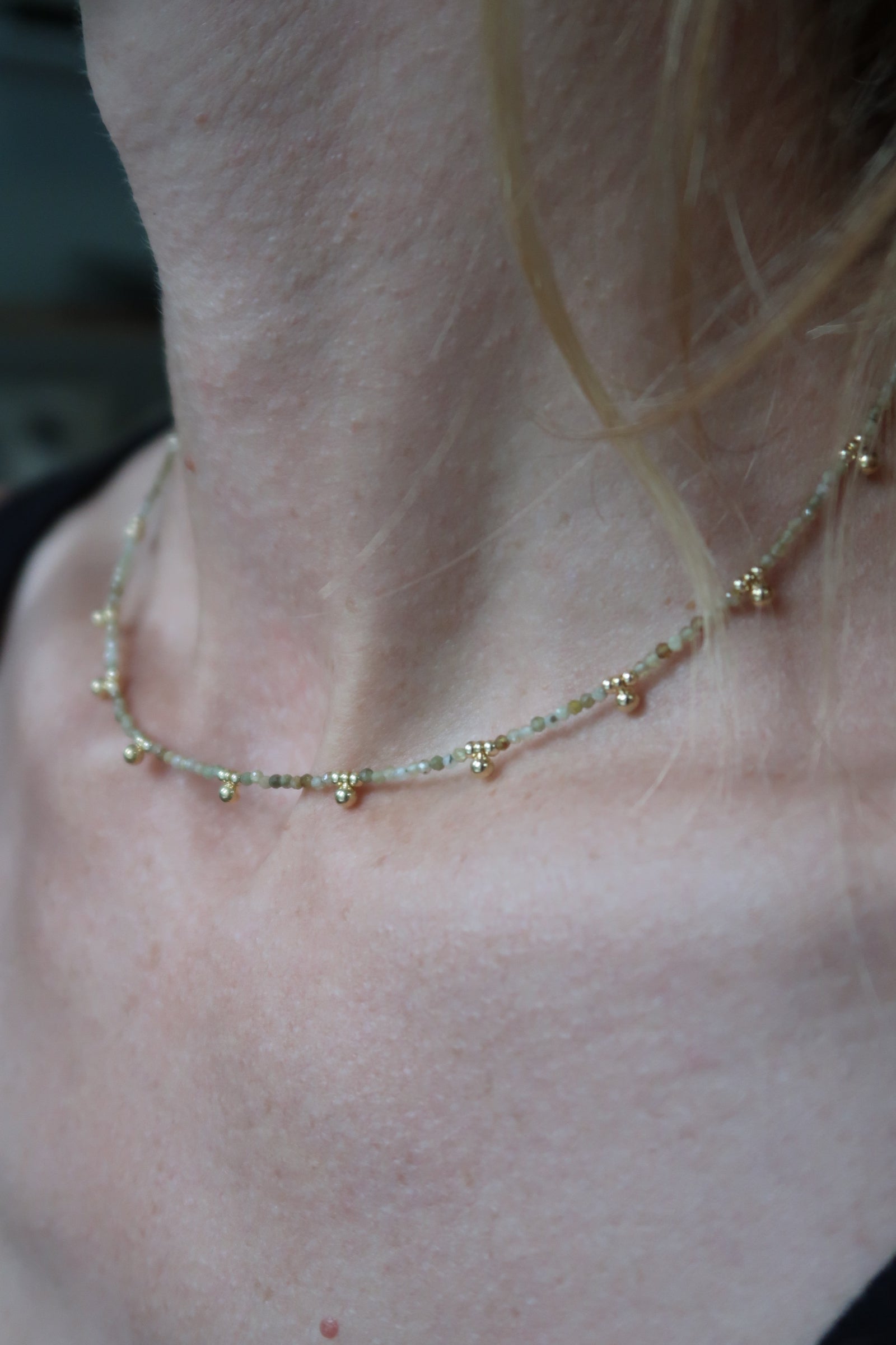 Gemstone Beaded Necklace with Gold Beads- Green Garnet