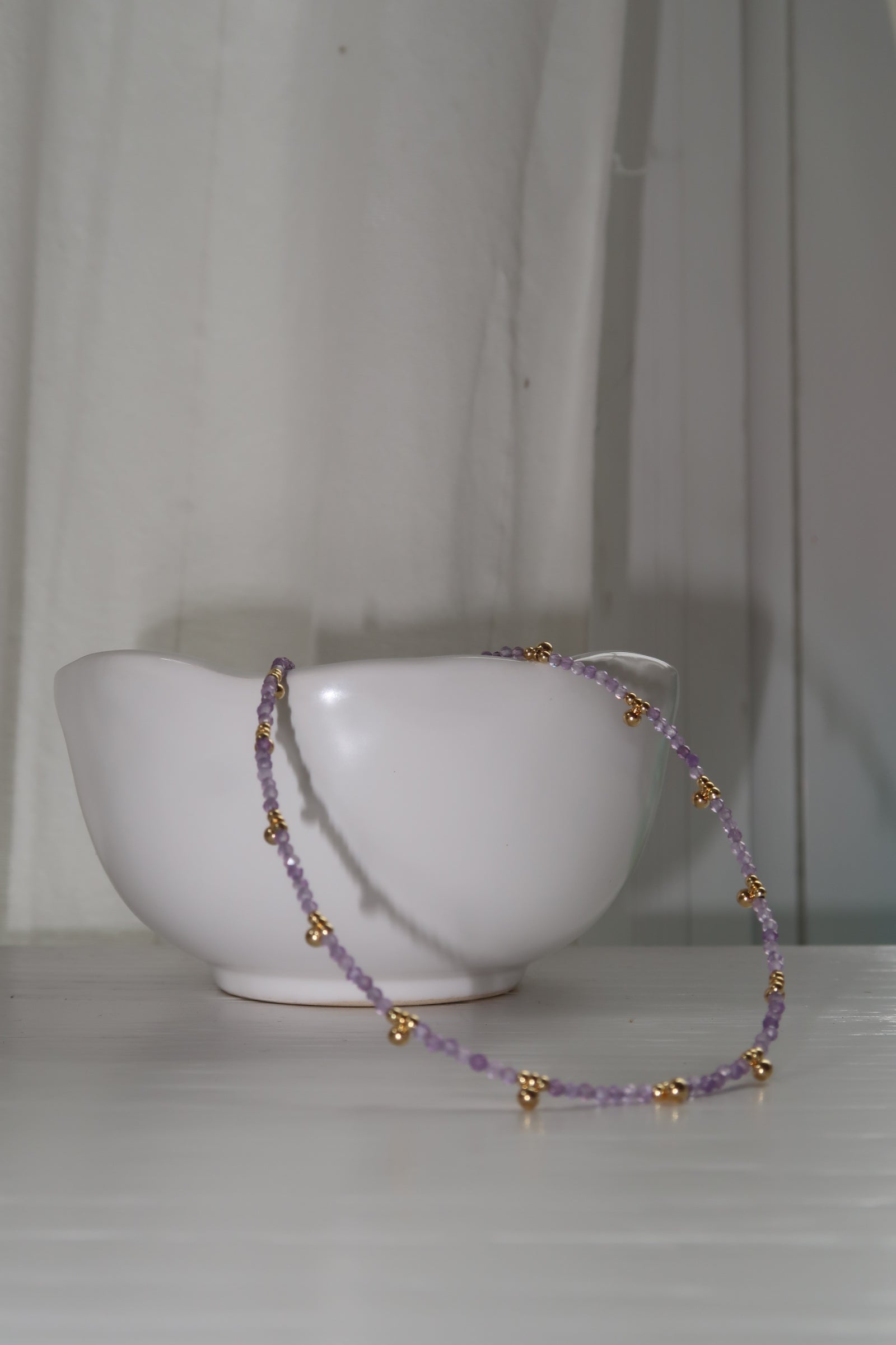 Multi-Dangle Gold Beaded Necklace-Amethyst