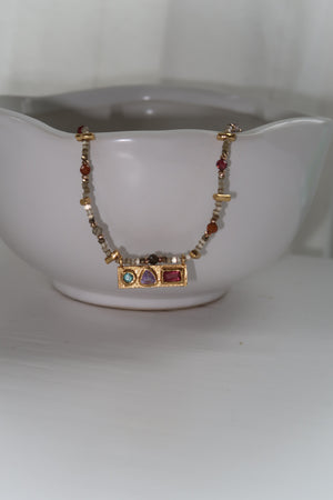 Beaded Jewel Toned Pendant Necklace