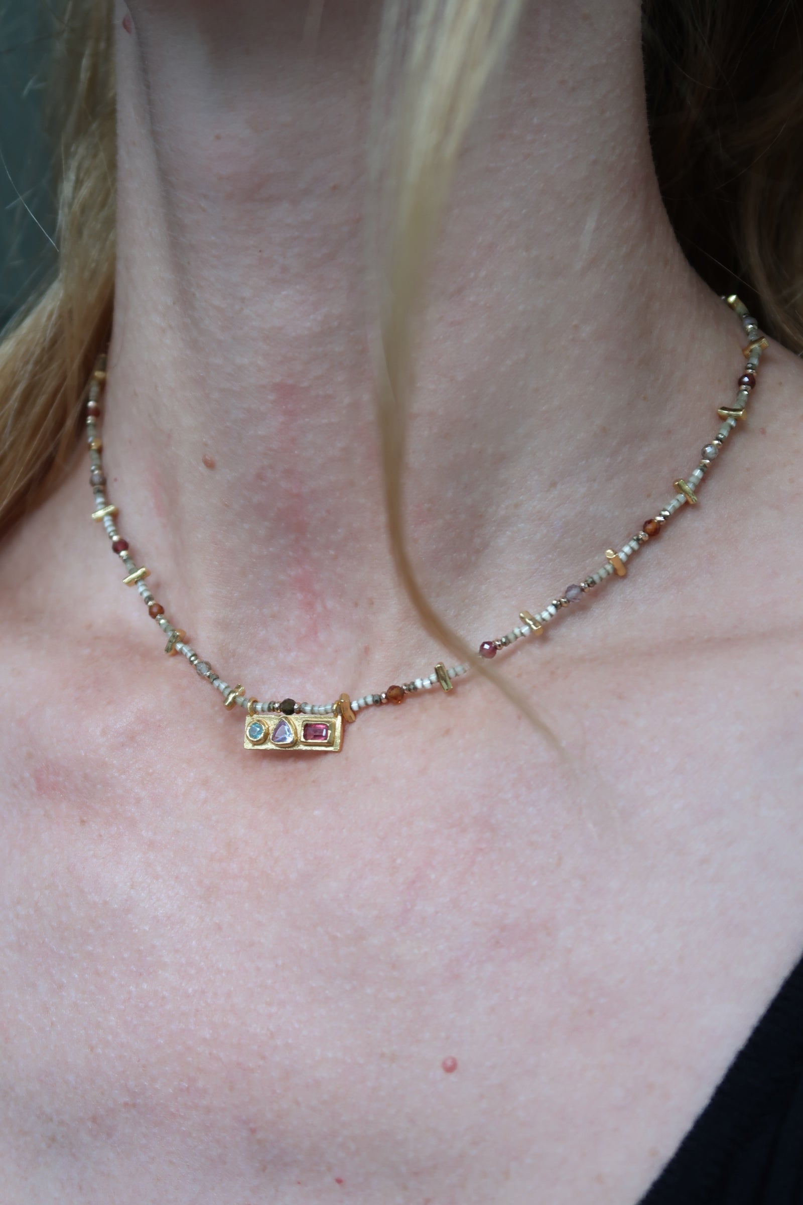 Beaded Jewel Toned Pendant Necklace