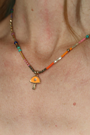 Beaded Orange Mushroom Necklace-Multicolor