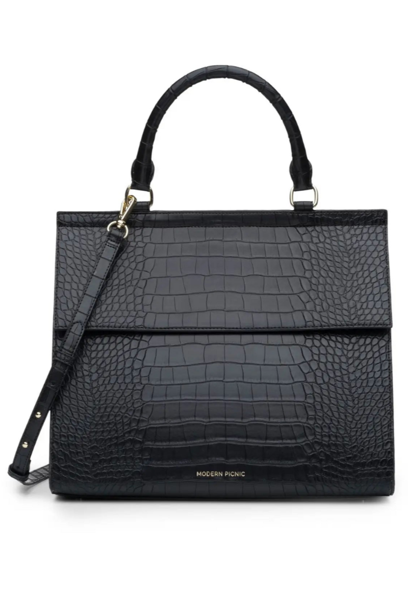 Modern Picnic- Black Faux Crocodile Leather Lunch Box Insulated Purse