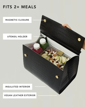 Modern Picnic- Black Faux Crocodile Leather Lunch Box Insulated Purse
